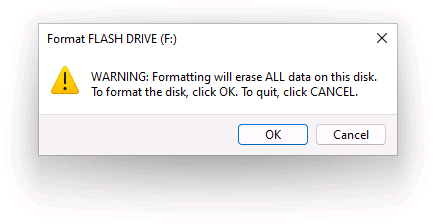 Windows warns you about erasing the existing files during the drive formatting
