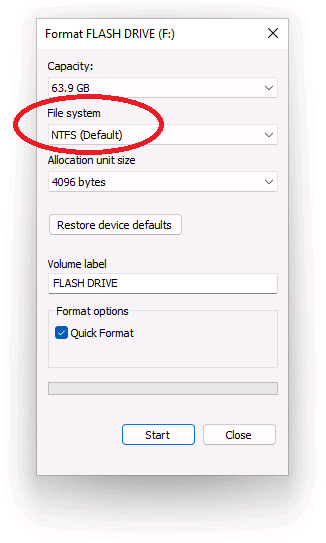 Options for formatting the external drive with NTFS file system