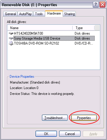 Getting to the hardware properties of the removable drive