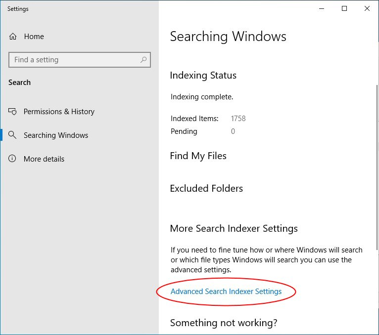 Opening the Advanced Search Indexer Settings