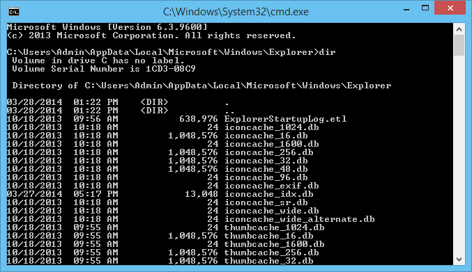 Using the dir command to display the ist of file in the command prompt window