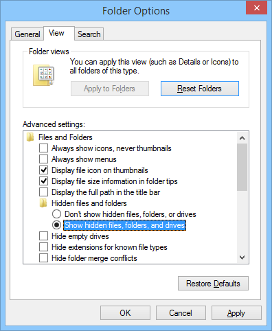 Enabling the Show hidden files, folders, and drives option