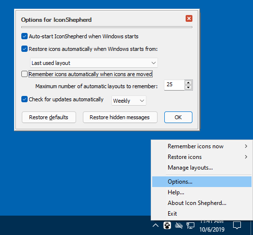 Icon Shepherd options screen with the option to remember icon layouts automatically deselected