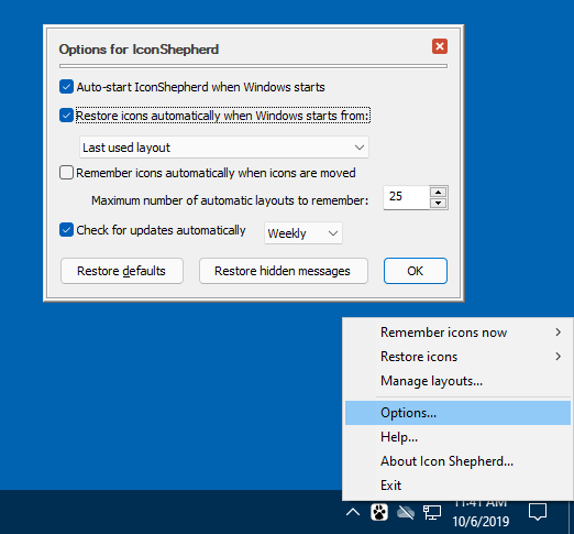 Icon Shepherd options screen with the option to automatically restore a specific icon layout on start