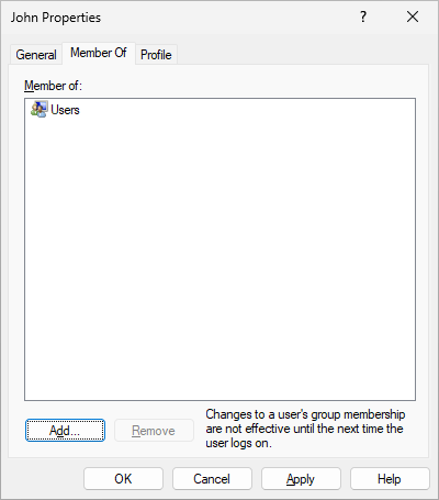Adjusting the group membership of the local user account.