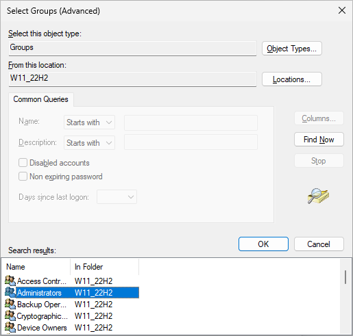 Adding the Administrators group to the group membership of the local user account.