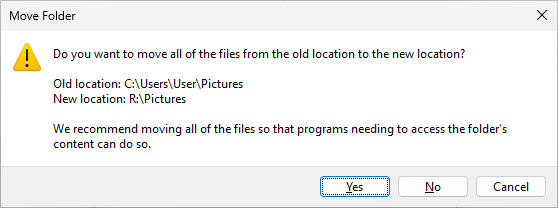 Confirm the destination location for Pictures folder on the encrypted drive