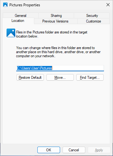Location properties of the Pictures folder