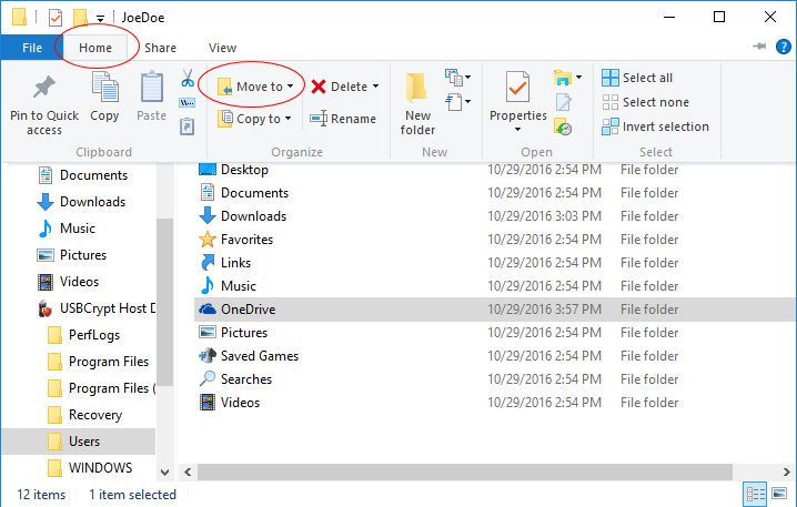 Move the OneDrive folder with Explorer