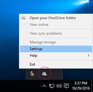 OneDrive icon and the menu