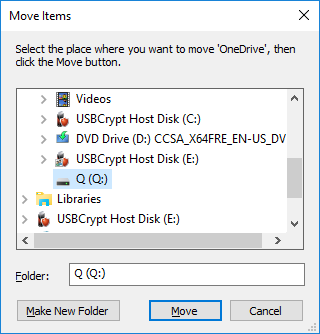 Select the encrypted drive as the destination folder for OneDrive folder