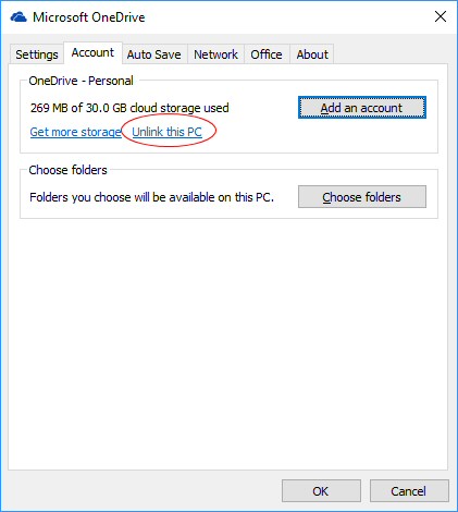 Unlink this PC from OneDrive