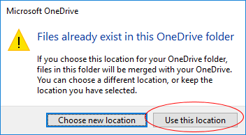 Confirm to use this location for the OneDrive folder