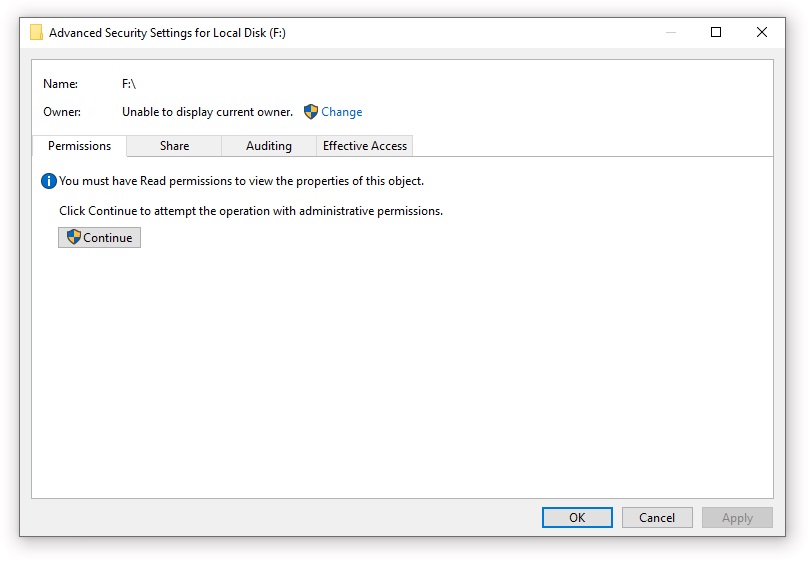 Advanced security settings of an NTFS folder