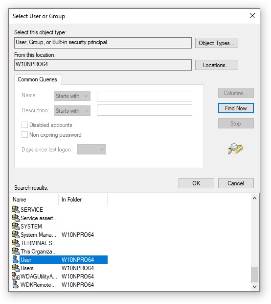 Selecting the owner of an NTFS folder in the list or users and groups