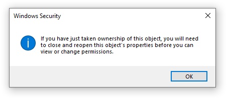 Windows prompts to reopen properties of an NTFS folder