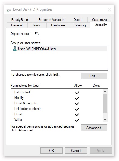 Security properties an NTFS folder after taking ownership