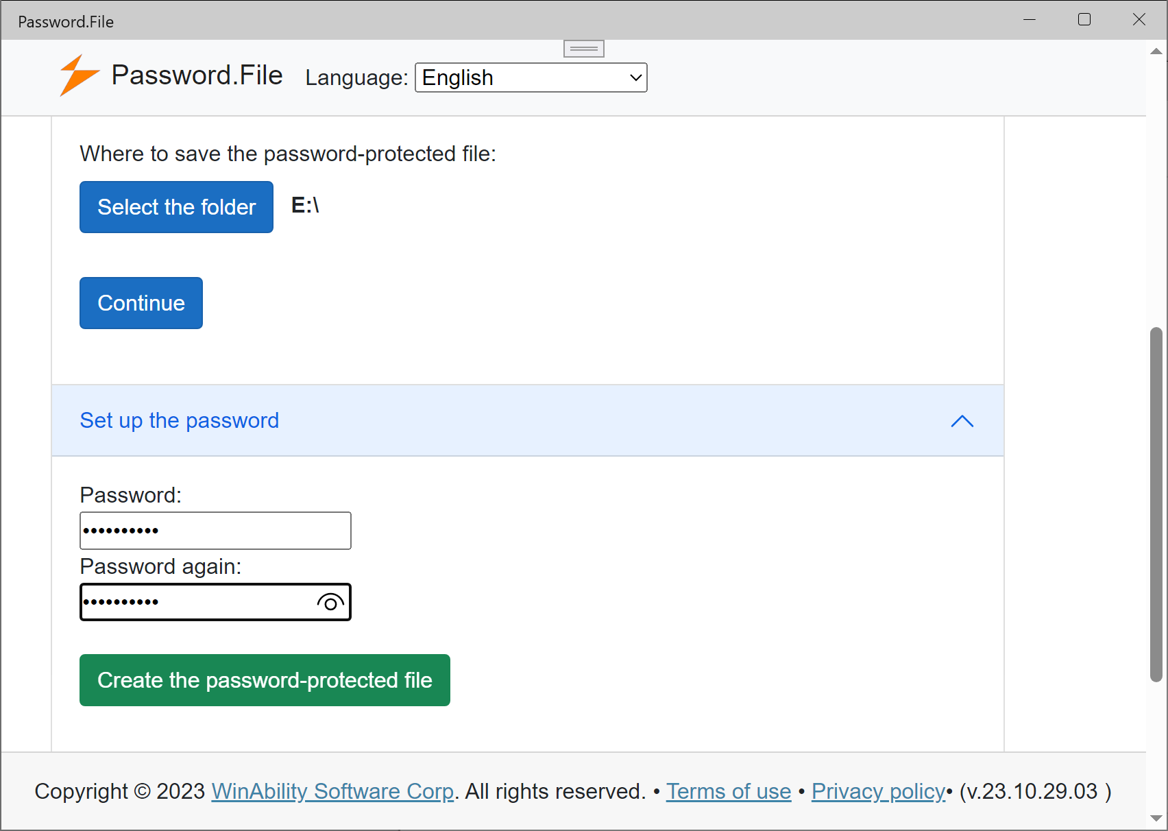 Password.File screen to select the files and choose the encryption password