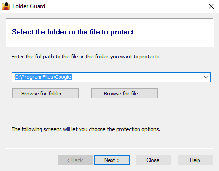 Folder Guard wizard guides you through the configuration process