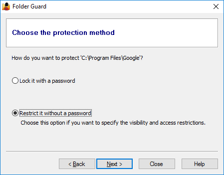 Folder Guard wizard guides you through the configuration process