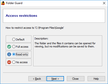 Folder Guard wizard guides you through the configuration process