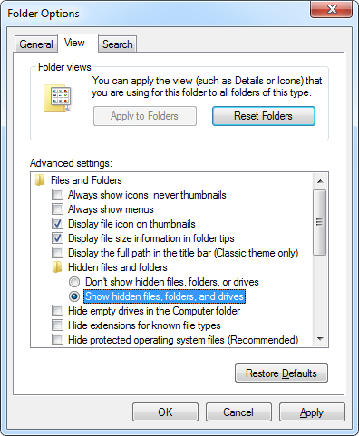 Make Windows display the hidden files and folders