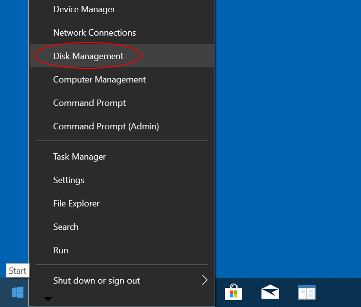 Right-click Start menu and choose Disk Management