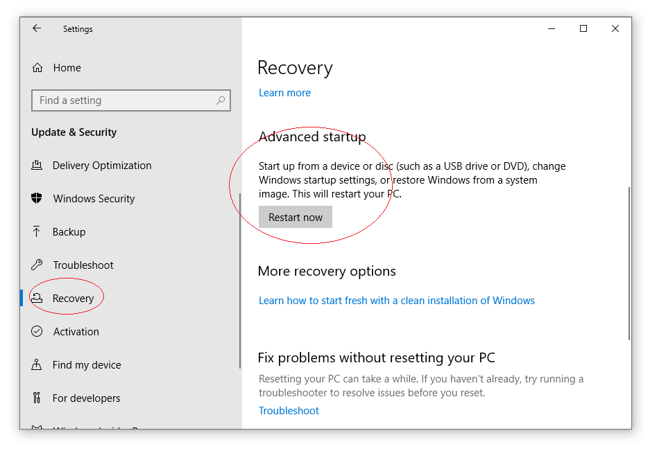 The Restart now button in Windows 10