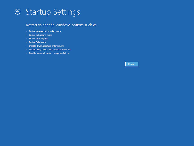 The Startup settings screen of Windows 11, 10, 8