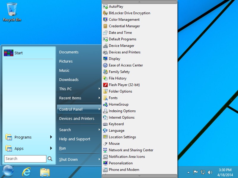 StartFinity Start Menu can display Control Panel as a list.