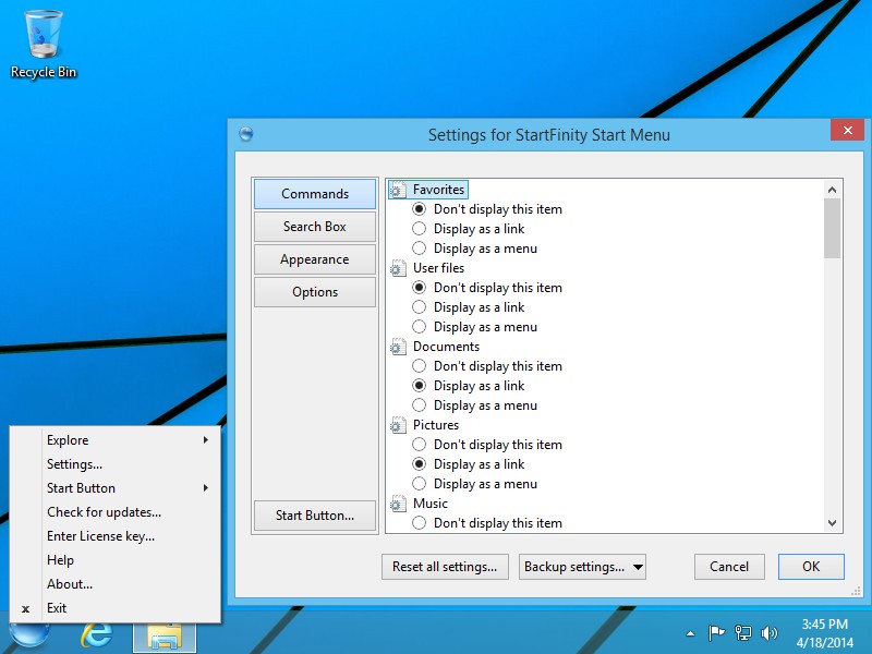 StartFinity Start Menu for Windows 8 is customizable