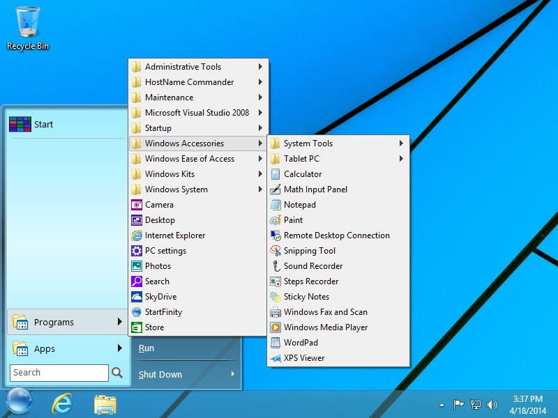 StartFinity Start Menu contains the Programs menu.