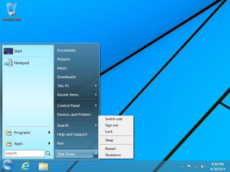 StartFinity Start Menu for Windows 8 comes with a shutdown menu. 