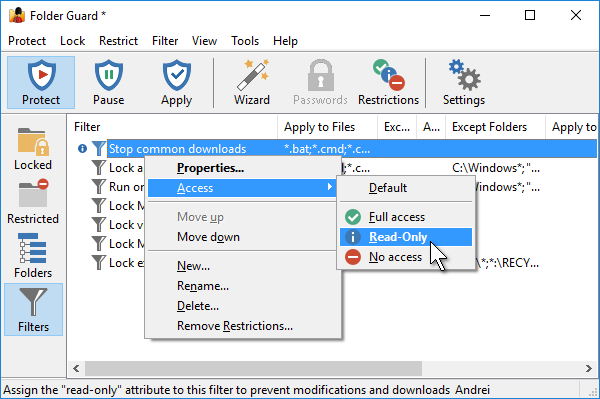 Assign the read-only attribute to the filter to stop downloading programs and scripts from the Internet