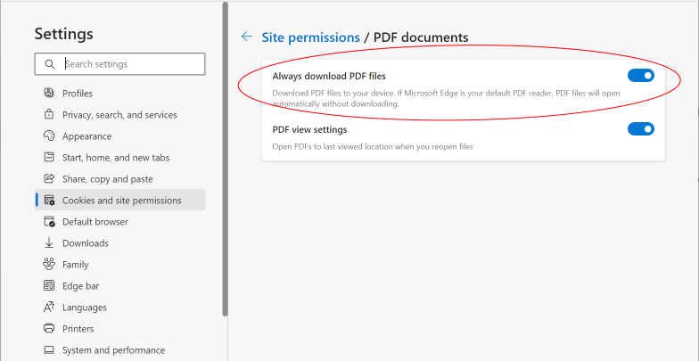 Configuring Edge to always down,oad PDF files