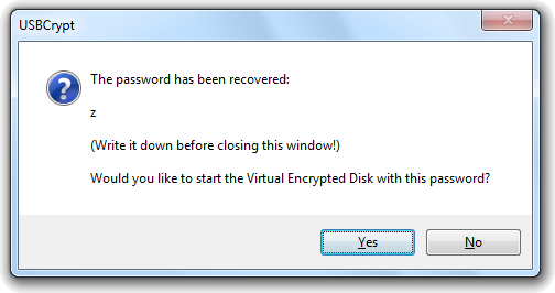 The successful result of the Recover Password command of USBCrypt