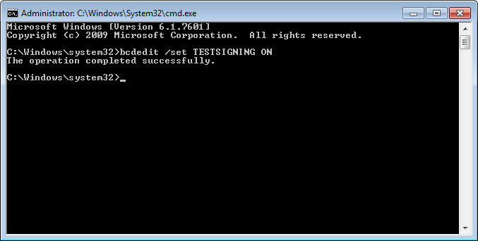 Enabling test signing mode using command prompt window