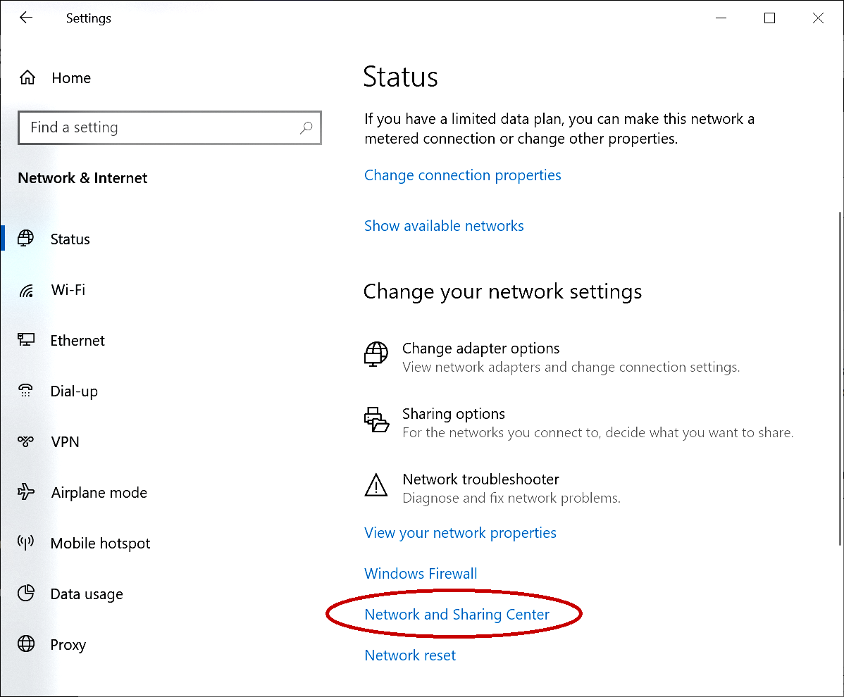 Network and sharing center link