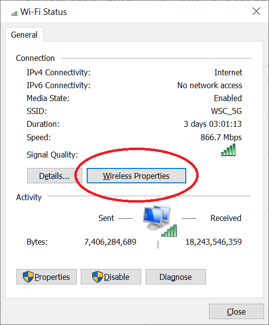 WI-FI Status wireless properties button