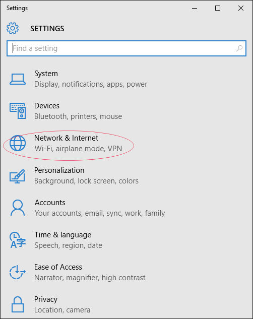 Open Network and Internet screen in Windows Settings
