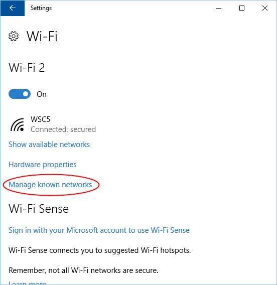 Open the Manage known networks screen in Windows Settings