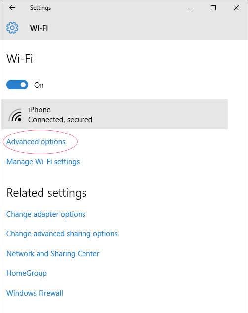 Open Advanced options in Wi-Fi settings