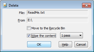The Delete file window with Wipe the content option
