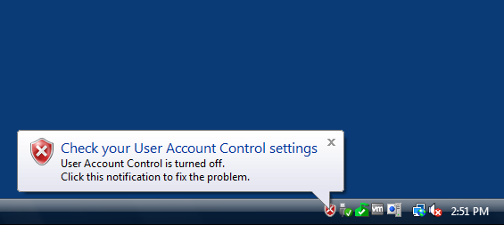 A security alert displayed by Windows Vista when the quiet mode of UAC is enabled