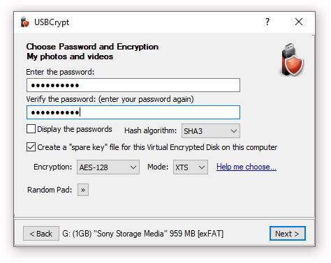 Choose a password for the encrypted USB drive
